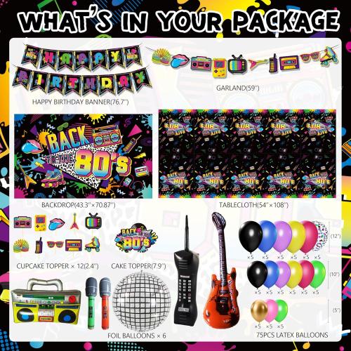 80s Party Decorations 90s Theme Birthday Party Decorations 80s Party Supplies with Back To The 80's Backdrop Tablecloth HAPPY BIRTHDAY Bannner Radio Boombox and Mobile Phone Balloon Arch Kit