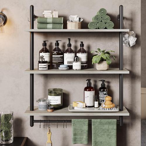 Bestier Floating Pipe Shelving Kitchen Shelves Wall Mounted 3 Tier Ladder Coffee Bar Shelf 3 Tier Bundle, Retro Grey