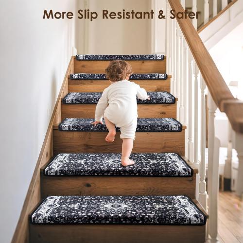 Brakki Bullnose Stair Treads for Wooden Steps, Non Slip Stair Carpet for Indoor Runner and Pets, Soft Edging Staircase Protectors Reusable, Washable, 29.5x9.5x1.5 2pcs, Black