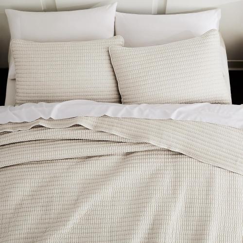 WDCOZY Beige Pick Stitch King Size Quilt Set, Striped Lightweight Soft Summer Spring Bedspread, Bamboo Linen Like Textured Coverlet, Chambray Farmhouse Country Rustic Bedding, Netural Thin Comforter