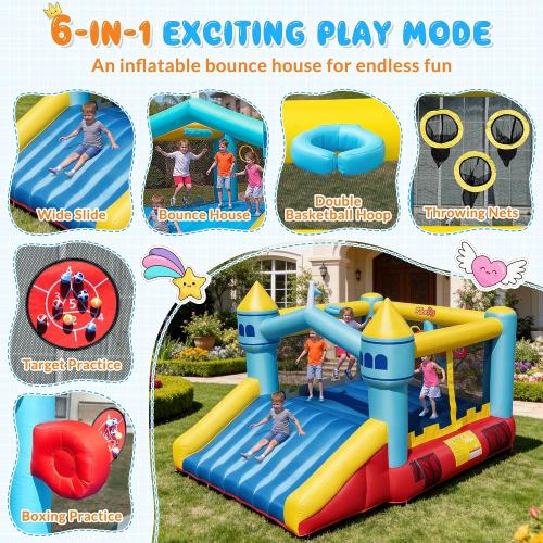Bounce House, 6-in-1 Play Mode Inflatable Bounce House for Kids, High Elasticity Bouncy House with 480W Blower, Bouncy Castle with Wide Slide for Christmas, Birthday Parties