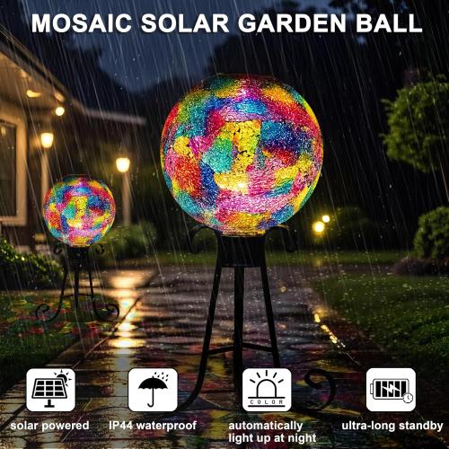 VOREEN 10 Mosaic Solar Gazing Ball, Colorful Crackle Glass Globe with Solar Light, Handmade Outdoor Garden Decor Sphere, IP45 Waterproof Patio Lawn Yard Ornament, Idea