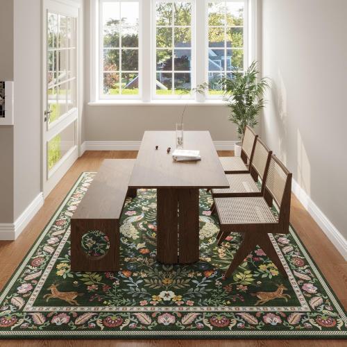 Living Room Rug 5x7 Rug Machine Washable Area Rug Floral Non-Slip Low Pile Large Rugs for Living Room, Bedroom, Farmhouse, Dining Room, Kids Playroom (Emerald Green)