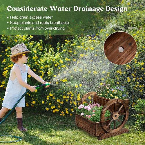 Wooden Wagon Planter Box, Garden Planter with Wheels,Decorative Planter for Flowers Herbs Vegetables for Indoor & Outdoor Décor, Flower Cart for Patio Garden Balcony