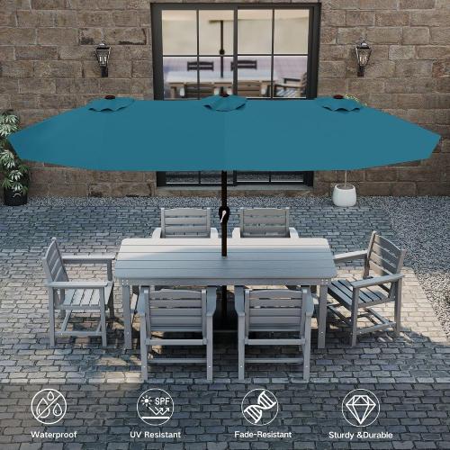 Kingdura 15ft Large Patio Umbrella with Solar Lights, Double-Sided Rectangle Outdoor Table Umbrella with Base Included, 12 Reinforced Ribs, 48 Led Lights, Crank Lift for Market Pool Deck, Lake blue