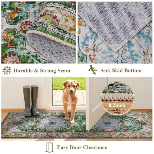 U'Artlines 2' x 6' Boho Hallway Runner Rug, Non Slip Washable Vintage Farmhouse Kitchen Rug Accent Area Carpet for Entryway Laundry and Living Room (Green)