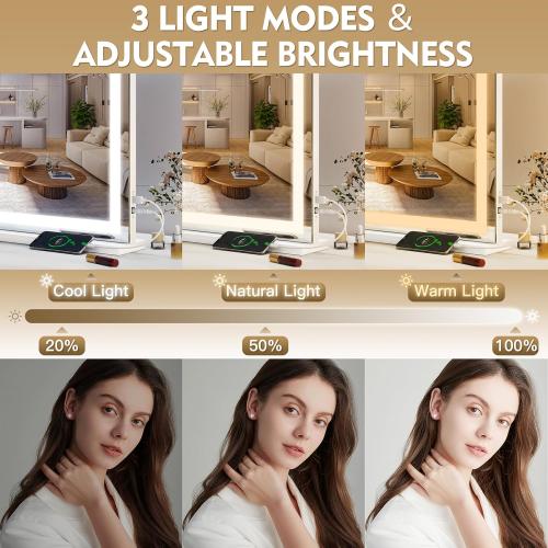 ROLOVE Vanity Mirror with Lights, 32 x 22 Large Lighted Vanity Mirror with Dimmable 3 Modes, LED Makeup Mirror, USB Charging Port, Tabletop or Wall-Mounted Square White