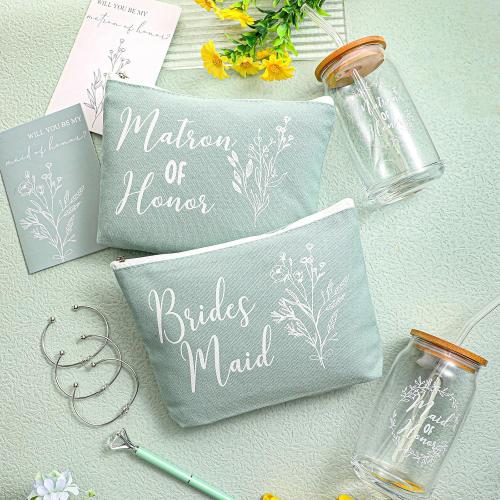 Irenare 48 Pcs 8 Set Bridesmaid Proposal Gifts Maid of Honor Gifts16oz Glass Cups Cosmetic Makeup Bags Invited Cards Scrunchies Hair Knotted Bracelets Diamond Pens(Classic Style,Green)