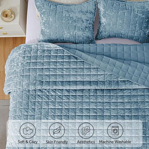 Velvet Quilt Set King Size - Luxury Velvet Comforter Bedding Set 3 Pieces, Lightweight Soft Cozy Shiny Dusty Blue Oversized Bedspread Coverlet for All Seasons with 2 Pillow Shams