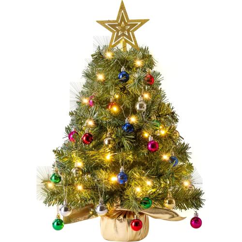 JOIEDOMI 24/2FT Small Tabletop Christmas Tree with Lights with Star Treetop and Hanging Ornaments, Pre-lit Artificial Christmas Green LED Mini Tabletop Tree for Xmas Decorations Indoor Outdoor