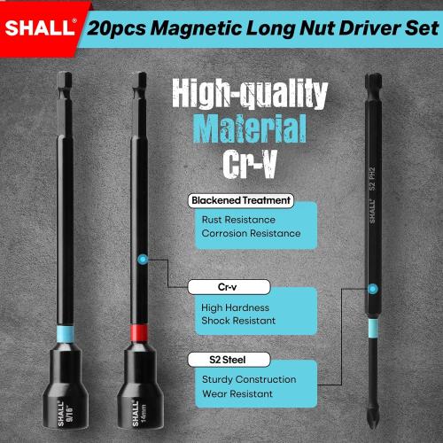 SHALL 20PCS Magnetic Nut Driver Set, 6” Long Nut Drivers for Impact Drill, SAE & Metric 1/4” Hex Shank Nut Driver Bit & Impact Drill Driver Bit w/Power Screwdriver Bits PH1/PH2/SQ2/T20, Storage Bag