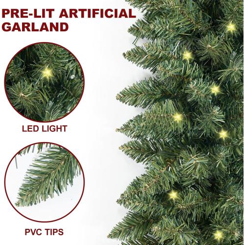 9FT Pre-Lit Artificial Christmas Garland with Dual Color LED Lights and Timer by Remote Control and Batteries Operated, Holiday Decorations, for Indoor Door Home Stairs Fireplaces Wall
