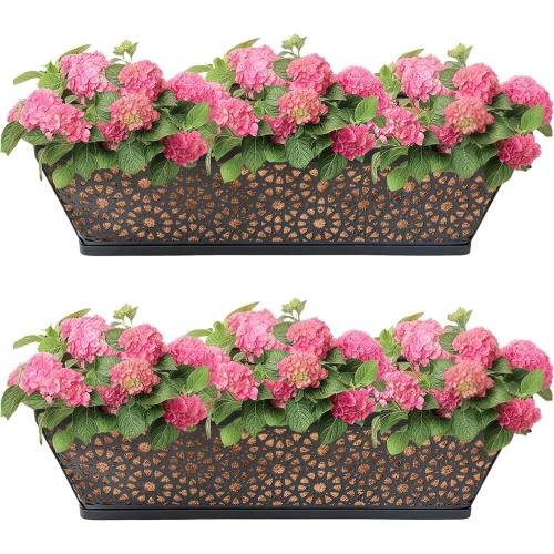 Black Metal Railing Planter Window Box (2 Pack, 24 Inch) Horse Trough Planter with Coco Fiber Liner Deck Balcony Rail Planter for Porch Fence Patio Outdoor Garden D cor