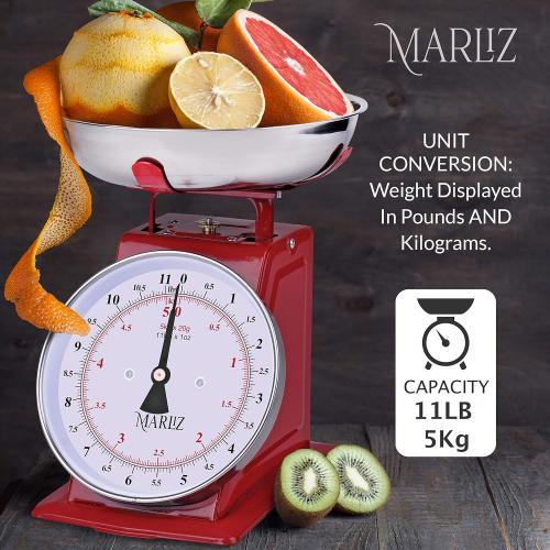 MARLIZ 11 lb/ 5Kg Mechanical Food Scale - Analog Kitchen Scale with 2 Bowls (Grams & Ounces) | Balanza de Cocina - Red Meat Scale