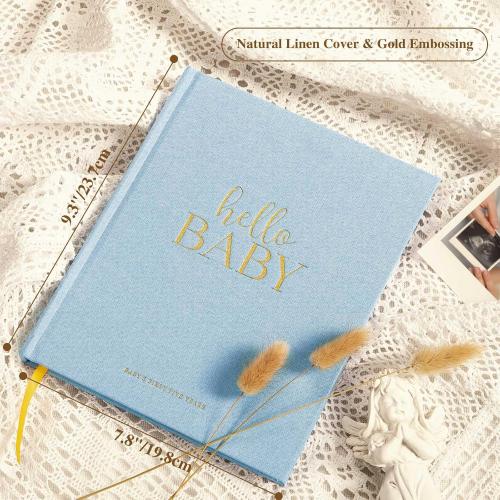 Lanpn Hello Baby First 5 Year Memory Book for Boy Girl - Linen Hardcover Keepsake for New Parents - Newborn Journal Scrapbook Photo Album Milestone Book (Blue, 154 Pages)