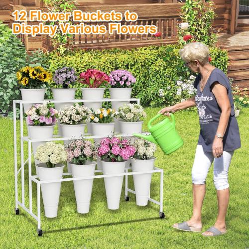 Flower Stand, 3-Tier Flower Display Stand with Buckets for Indoor Outdoor, Flower Cart Display Stand with Wheels for Courtyard, Balcony, Flower Shop, Wedding, Party, Exhibition, White