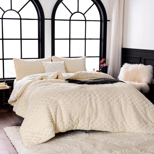 Comforter Sets KING Size Bed, Boho Tufted Cal KING Bedding Down Comforter, Lightweight Super Soft Reversible Washed Cotton Shabby Plush Fleece Sherpa All Season, Off White Ivory