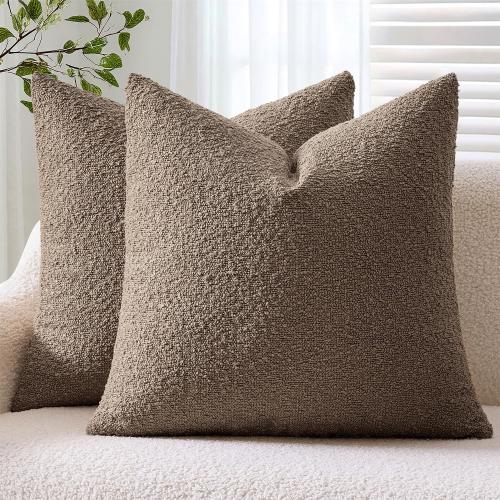 ANRODUO Pack of 2 Textured Boucle Throw Pillow Covers Soft Brown Decorative Accent Solid Pillow Cases Cozy Modern Couch Cushion Case for Chair Sofa Bedroom Living Room Home Decor, 20 x 20 Inch