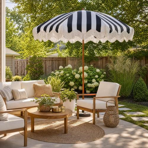 Rayjee 6.5FT Patio Umbrella with Fringe, UV Protection Beach Umbrella with Tilt & Adjustable Height, Includes Carry Bag & Ground Stake, Outdoor Umbrella for Pool, Garden, Backyard
