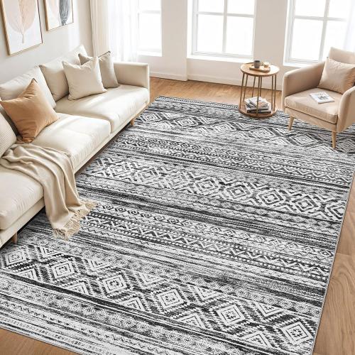 5x7 Area Rug for Living Room, Washable Non-Slip Large Area Rug, Indoor Floor Carpet Low Pile Soft Boho Farmhouse Rug for Bedroom Dining Room （White/Black，5x7）