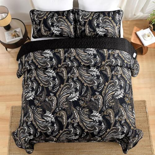 WONGS BEDDING Boho Quilt Set Queen,Black Paisley Floral Pattern Bedspread Coverlet Set with 2 Pillowcases,3 Piece Lightweight Microfiber Bohemian Quilt Bedding Set 96×90