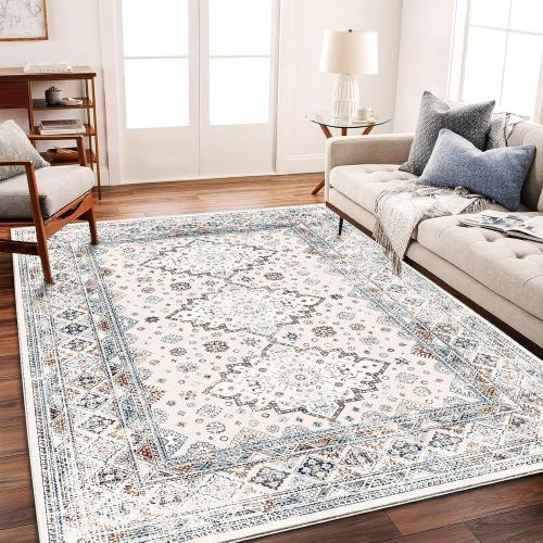 Washable Vintage Area Rug 6x9 Boho Chic Medallion Distressed Design Non-Shedding Easy Care Ideal for High Traffic Areas in Living Room Bedroom Kitchen Office Large Carpet