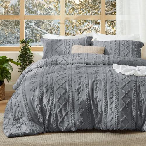 Bedsure Tufted Boho Comforter Grey Boho Bed  GentleSoft Farmhouse-Style Embroidery Bedding, Gifts for Woman, Soft Jacquard Comforter for All Seasons