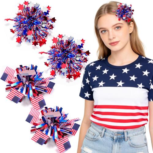 4 Pcs July 4th Patriotic Pom Pom Hair Clips for Girls Women, Red White Blue Cheer Glitter Barrettes, Independence Day 250th Anniversary Hair Accessories for Cheerleader