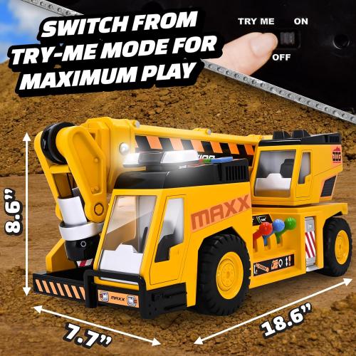 Sunny Days Entertainment, LLC. Maxx Action 27'' 3-N-1 Crane Truck - Large Construction Vehicle with Lights, Sounds and Motorized Drive | Realistic Crane with Joystick Controllers