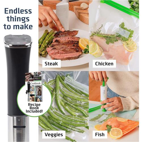 Black and Silver SOUSVIDE ART Sous Vide Immersion Cooker Kit - Machine with Digital Timer, Temp Control, 30 Bags, Vacuum Pump, Suvee Cooker Gift for Chefs