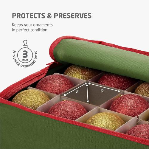 ZOBER Underbed Christmas Ornament Storage Box - Stores 64 3 Ornaments, With Dividers - Tear Proof 600D Oxford Fabric, Ornament Organizer Storage Box, Durable Christmas Containers Holder - Green