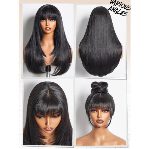 GORGIUS Layered Wigs with Bangs Ready to Go Straight Wig with Bangs 22 Inch Put On Go Black Bang Wigs Crafted with Style-Archive Synthetic Fiber Natural Pre-Plucked Hairline
