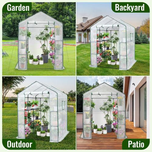 Greengro Greenhouse, 57 x 57 x 76'' Greenhouses for Outdoors, Portable Greenhouse Kit with Mesh Side Windows, PE Cover, 8 Shelves, Heavy Duty Walk in Green House for Backyard Garden Indoor Outside