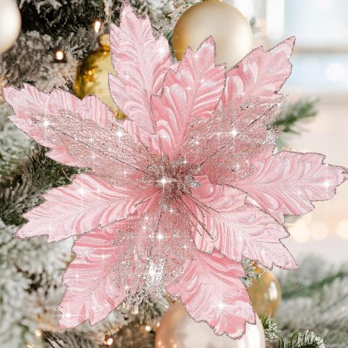 6 Pcs 18 x 15 Inch Large Pink Christmas Poinsettia Flowers Jumbo Rose Gold Xmas Ornament Pink Christmas Tree Decorations Rose Gold Glitter Poinsettia for Wreath Garland Indoor Outdoor Decor