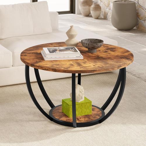 HOMERECOMMEND 28 Round Coffee Table with Storage,2-Tier Wood Accent Center Table for Living Room,Sofa Table for Home Office, Brown