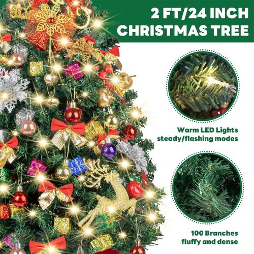 Small Christmas Tree with Lights, 24 inch/2FT Tabletop Desk Christmas Tree with 100 Branches 70 Ornaments Artificial Small XMS Tree for Table Desk Home Christmas Holiday Decor