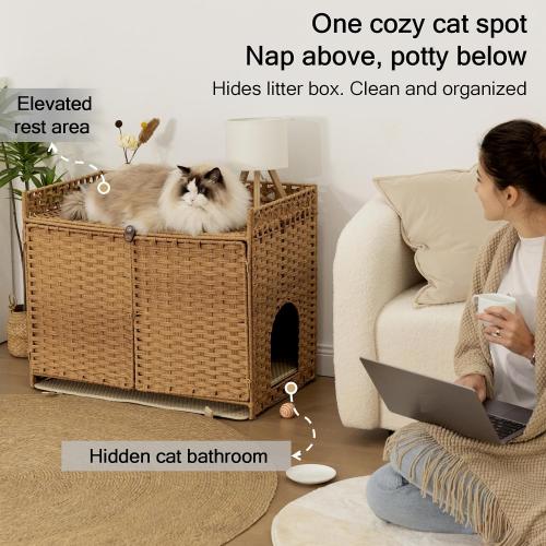 Furriends Cat Litter Box Enclosure with 2 Mats, Handwoven Rattan Hidden Litter Box Furniture Large 30.3”L x 18.2”W x 24.2”H, Double as Indoor Cat House or Side Table for Living Room Hallway, Tan