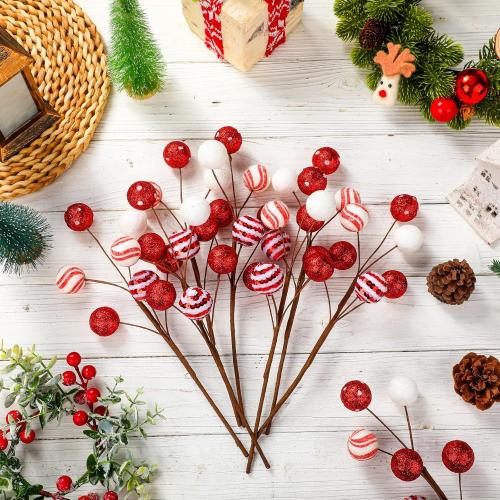 8 Pcs Red and White Christmas Tree Picks 14'' Candy Cane Tree Picks Ornaments Peppermint Christmas Decoration Glitter Berry Stems with Balls for Xmas Wreath Crafts Holiday Vase Fillers Decor