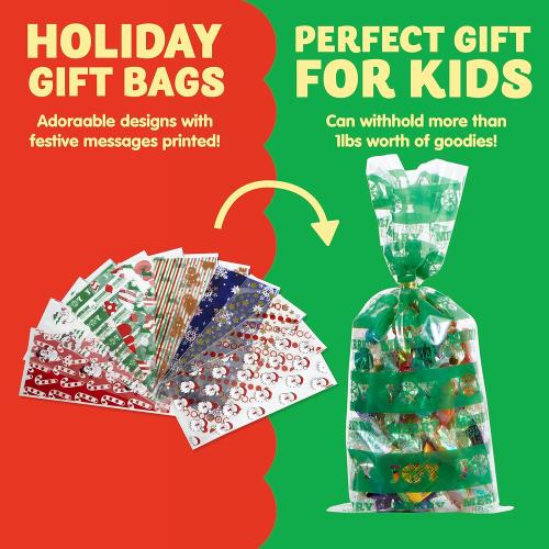 JOYIN 144 PCS Christmas Cellophane Bags with Ribbon for Holiday Treats, Christmas Clear Cello Gift Candy Cookie Bags for Party Favors, Festivals Presents, Party Supplies (11” X 5”)