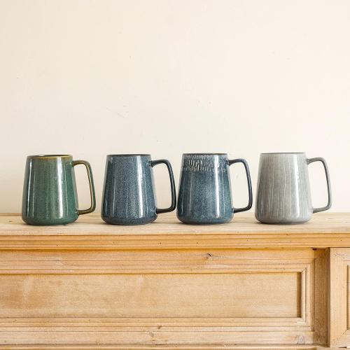 Large Ceramics Coffee Mugs,with Spoon and Wooden Lid,for Coffee,Tea,Cocoa,Large Handle Design,Microwave Dishwasher Safe (Gray Set)