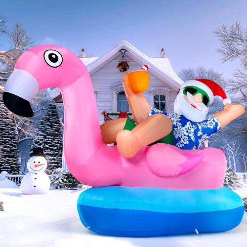 JOYIN Christmas Inflatable Santa on Flamingo Outdoor Decoration, Christmas Blow Ups Santa Inflatable Yard Decorations with Build-in LEDs for Xmas Decor, Yard Outdoor Garden Lawn Decor
