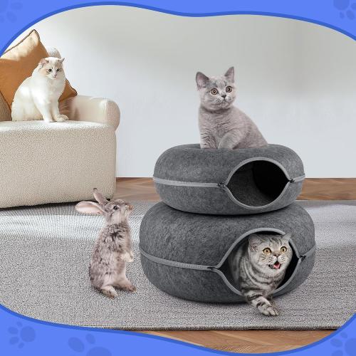 Size 24 x 24 x 11, Dark Grey, 2 PCS Tunnel Bed Peekaboo Cave for Multiple & Large Cats, Scratch Resistant, Washable & Detachable Round Felt Donut Tunnel up to 24 Lbs, 24 x 24 x 11, Dark Grey, 2 PCS