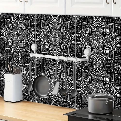 10PCS 12x12 Inch Peel and Stick Floor Tiles Self Adhesive Vinyl Flooring Tile Black White Mandala Pattern Removable Decals Bathroom Kitchen Living Room DIY Home Decoration