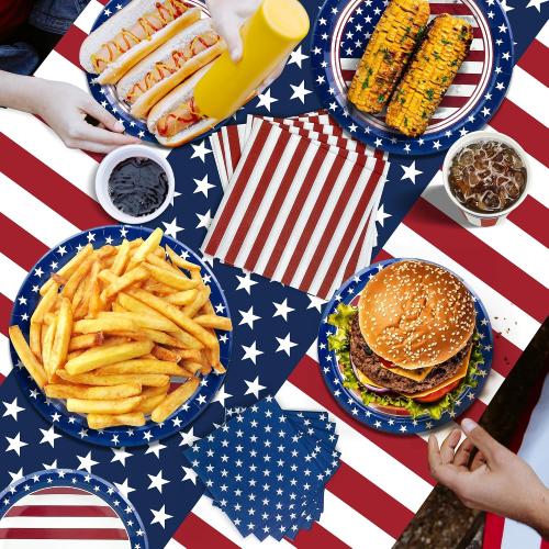 OHOME Fourth of July Decorations - Serve 24 - Patriotic Plates Tablecloth Napkins Cups Banner | 4th of July Accessories for Home Outdoor Memorial Day | America 250th Merchandise Anniversary