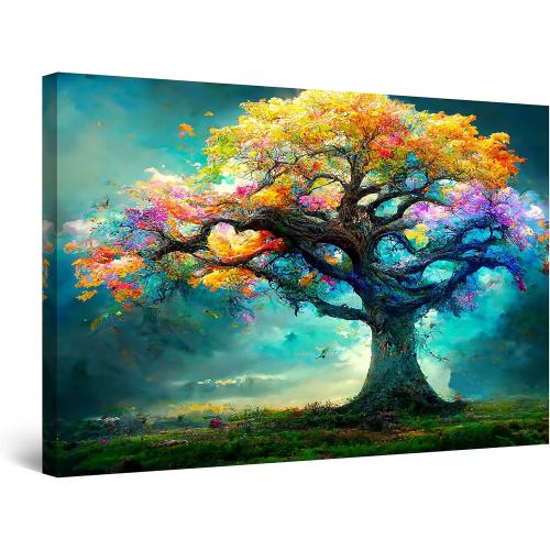 Startonight Canvas Wall Art Abstract - Fairy Tree Rainbow Colored Painting - Stretched Print, Modern for Bedroom or Living Room, Ready to Hang Home Decor Unique Luminous Artwork 24 x 36