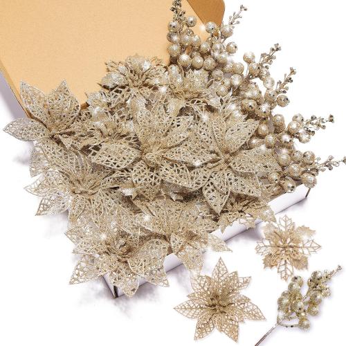 Zhuqing 22Pcs Christmas Poinsettia Artificial Flowers and Glitter Berries Stems Kit, 16Pcs Christmas Tree Flowers Ornaments and 6 Pack Christmas Tree Picks for Wedding Holiday Decorations (Champagne)