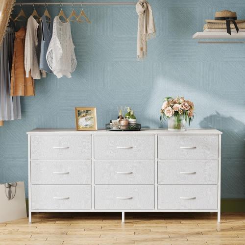 Color grey Huuger 9 Drawer Dresser, 47 Inch TV Stand for 50, 55 Inch TV, Entertainment Center with Drawers, Fabric Dresser Chest of Drawer for Bedroom, Closet, PU Leather Surface, White