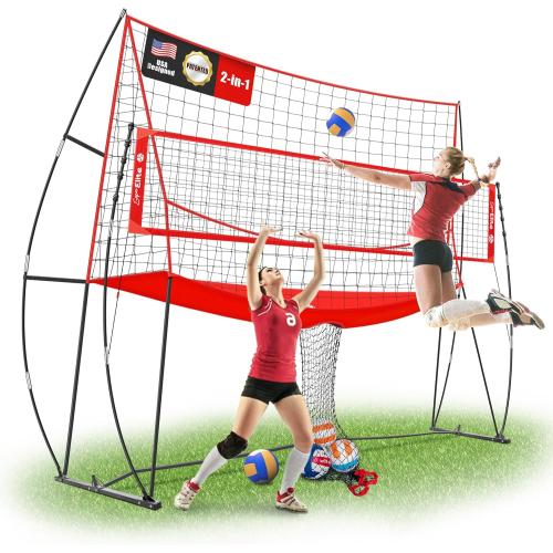 2-in-1 Volleyball Practice Net Station with Patented 5-Height (6'6'' to 8'), Heavy Duty Training System for Hitting Spiking Serving, Backyard Indoor Outdoor Trainer Equipment