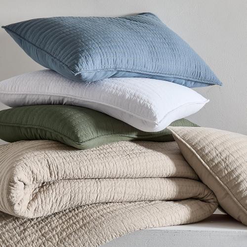 WDCOZY 100% Cotton Queen Size Quilt Set - Blue Striped Pick Stitch Soft Lightweight Bedspread, Textured Like Linen, Farmhouse Country Rustic Coverlet, Shabby Chic Gauze Bedding, 3 Pieces