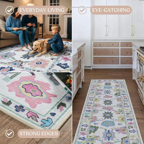 Fame Living Colorful Oushak Rug, Modern, Vintage, Turkish, Eclectic, Floral, Pastel, Washable, Large Area Rugs for Living Room, Dining, Bedroom, Girls, Boys, 7'5x9'8